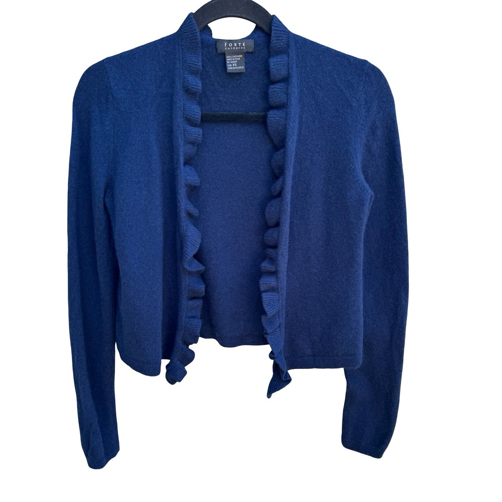 Forte Cashmere Coquette Quiet Luxury Ruffle Open Front Cardigan Sweater Navy XS
